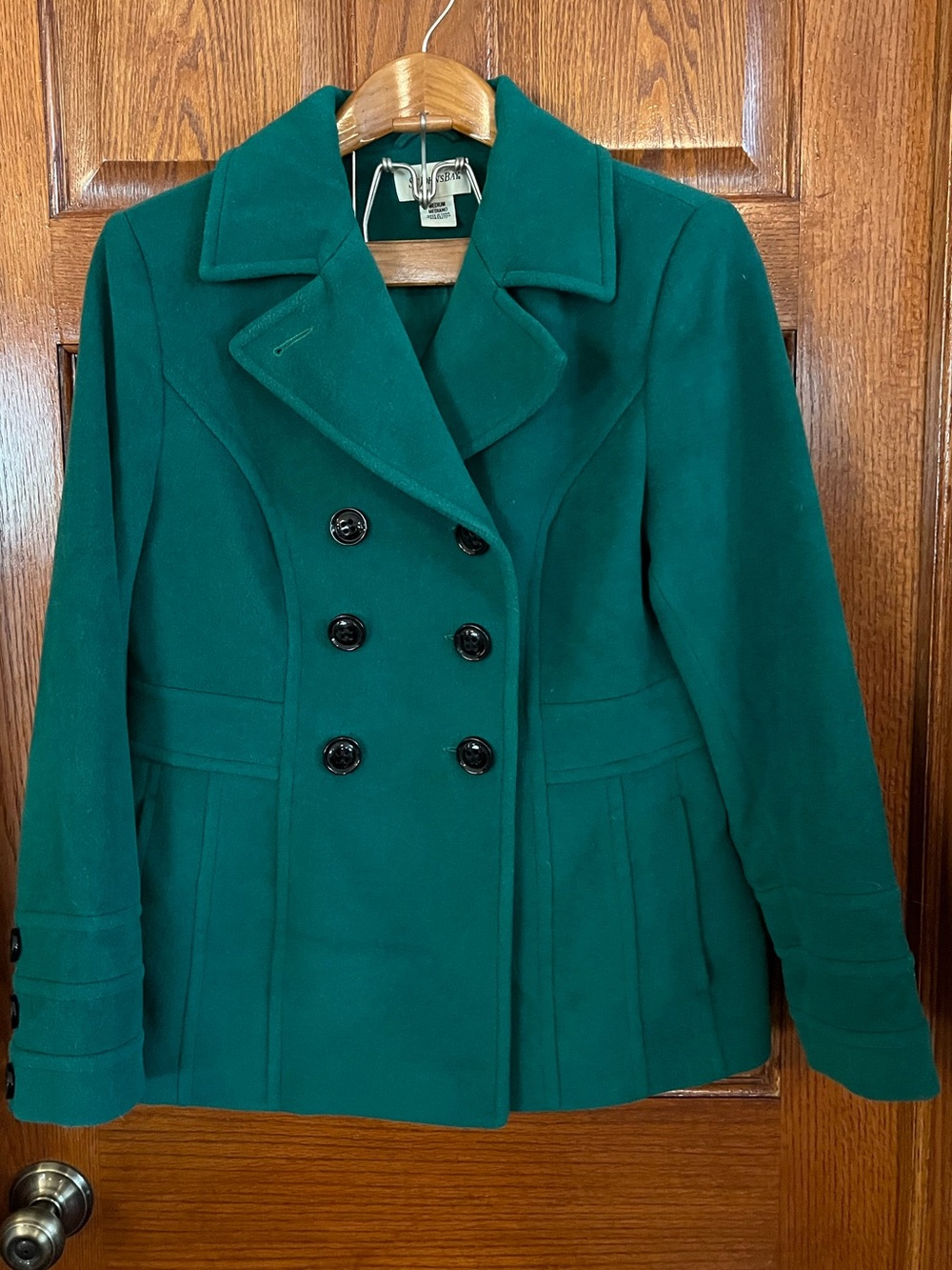 St John’s Bay Medium Kelly Green Pea Coat Cashmere Wool Blend Black Buttons